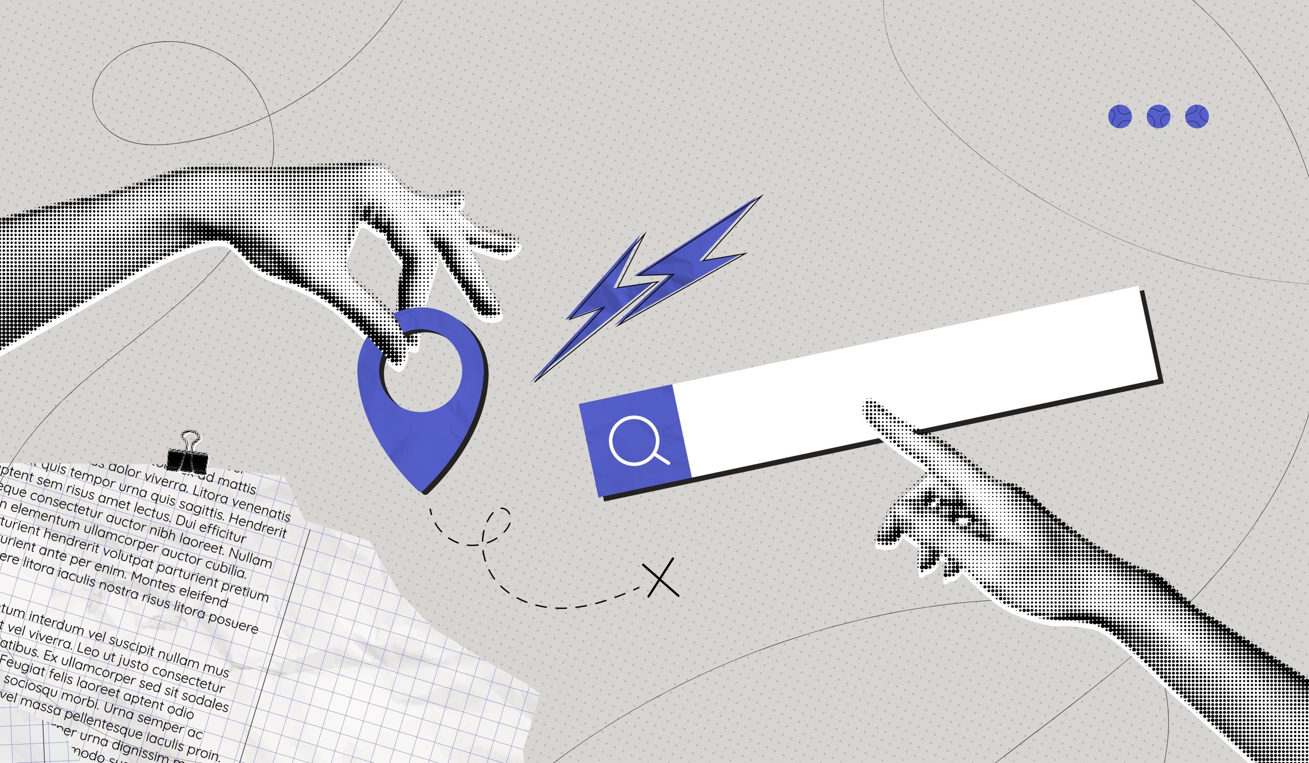 Trendy,Halftone,Collage,With,Hand,Holding,Pin,Location,And,Search